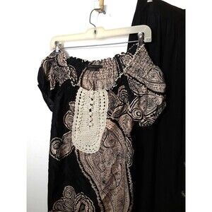 bcbg max azria top silk s black beige crochet paisley blouse shirt bcbgmaxazria
